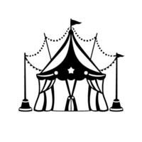 Illustration of a Classic Circus Tent with a Star, Flags, and Dotted String Lights in Black and White, Isolated on White. vector
