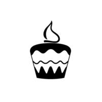 Simple, black and white stylized illustration of a cupcake with a single, flamed candle on top, set against a plain white background. vector