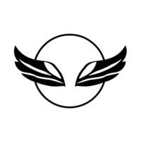 blackandwhite stylized illustration of symmetrical, feathered wings emerging from inside a central circular frame. vector