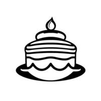 Stylized Black and White Birthday Cake Illustration with Candle, on a Plate, against a White Background. vector
