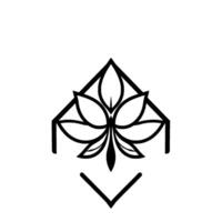 Geometric Black and White featuring a stylized lotus flower enclosed in a diamondshaped frame with a downward arrow. vector