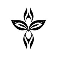 Stylized Black and White Floral A Symmetrical Composition of Abstract Petals Resembling a Cross or Emblem, Isolated on White. vector