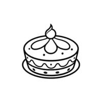 Whimsical black and white illustration of a twotiered cake decorated with floral elements and a central flamelike topper. vector