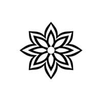 Symmetrical black and white floral illustration featuring a stylized eightpetaled flower with layered lines, minimalist on a plain white background. vector