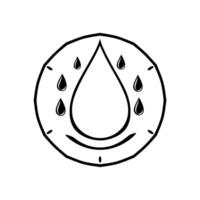 A stylized black and white illustration depicts a large teardrop with smaller droplets surrounding it within a circular frame, conveying hydration and water conservation. vector