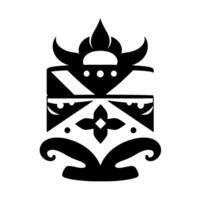Bold, stylized black and white geometric illustration of an ornate symmetrical with floral and abstract elements. vector
