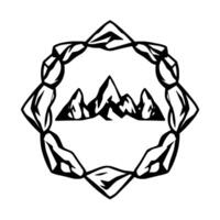 A black and white geometric mountain range encompassed by a stylized stone ring on a white background. vector