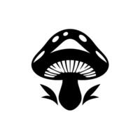 Stylized black and white mushroom illustration with a cap featuring decorative oval spots and a gill pattern, set on a simple white background, minimalist . vector