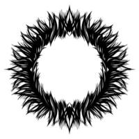 Black and White Circular Ornamental with a Crowned Inner Pattern, Featuring a Spiky, Featherlike Border on a White Background. vector