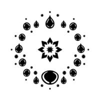 Abstract Black Ink Flower with Concentric Ring of Droplets and Bubbles, Geometric on White. vector