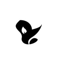 A stylized black silhouette depicting a birdlike figure with a flamelike element within, set against a white background. vector