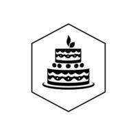 Black and white of a twotiered cake with leaf garnish, presented within a hexagonal frame, simple . vector