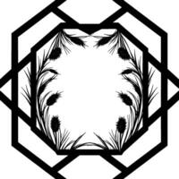 Black and white geometric floral with symmetrical arrangement of spiky plants inside a frame. vector