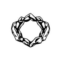 Geometric black and white illustration of a rocky, angular, crownlike shape with a hollow center, reminiscent of a wreath or emblem. vector