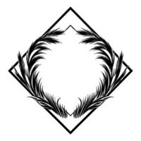 A symmetrical black and white decorative with stylized feathers within a diamond frame, showcasing a minimalist aesthetic. vector