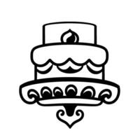 Twotiered cake with scalloped frosting, ornamental base and heart detail, topped with stylized flame, illustration. vector