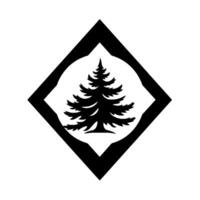 A silhouetted pine tree emblem enclosed within a circular shape and framed by a thick black diamond outline, set on a clean white background. vector