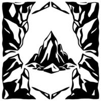 Symmetrical mountainscape framed by rock formations, rendered in bold black and white, evokes a sense of starkness and rugged beauty. vector