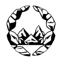 Stylized Black and White Emblem A Mountain Range cradled by StoneLike Forms, Geometric . vector