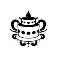 A stylized, black and white emblem featuring a twotiered cake with a stylized flame, ornate handles, and decorative base elements. vector