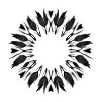 Circular Black and White Floral Mandala , featuring stylized wheat or feather elements symmetrically arranged around a blank central circle. vector