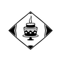 A Minimalist Black and White Layered Cake with Lit Candle Inside a Geometric Diamond Frame. vector
