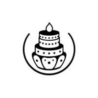Monochromatic threetiered cake with candleflamelike top, encircled by a black arc on a clean white background. vector
