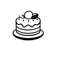 Minimalist Black and White Illustration of a Tiered Cake with a Decorative Topping, Set on a Round Plate, Against White Background. vector