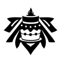 Bold Black and White Illustration of a Decorated Cake with a Burning Candle, Embellished with Ribbon and Geometric Foliage. vector