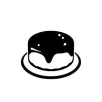 Monochrome illustration of a simple, round cake with dark frosting and white accents on a plate, isolated on white. vector