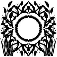 Symmetrical Black and White Botanical with a Central Circular Frame, Emphasizing Silhouettes and Organic Forms. vector