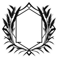 A symmetrical black and white floral decorative frame with a hexagonal centerpiece, perfect for invitations or branding designs. vector