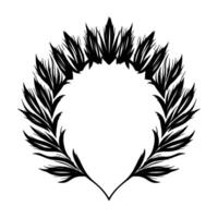A symmetrical, minimalist, black and white illustration of a featherlike wreath, with a sharp, angular aesthetic, perfect for decorative use. vector