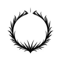 An elegantly designed, blackandwhite ornamental wreath, forming a perfect circle with sharp floral and geometric details on a blank canvas, centered. vector