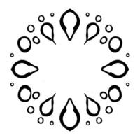Monochromatic Geometric Pattern Featuring Ornate Black Teardrop Shapes and Circle Elements, arranged around a scalloped gray border. vector