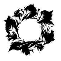 Stylized, highcontrast black and white artwork showcasing a circular floral arrangement with spiky and feathery textures, surrounding a blank space. vector