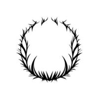 Black and white minimalist illustration of a crown or wreath crafted from sharp, thorny branches, forming a circular shape. vector