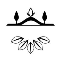 Stylized Black White Botanical , Featuring a Top Floral Arch, Two Trees, and a SemiCircular Leaf Pattern Below. vector