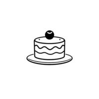 Minimalist Black and White Illustration of a Round Layered Cake with a Cherry on Top, Served on a Plate. vector
