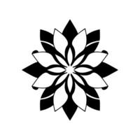 Symmetrical, highcontrast floral pattern in black and white, arranged in a starlike , with pointed petals. vector