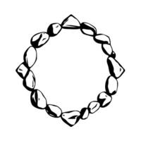 Abstract, minimalist, handdrawn, blackandwhite illustration of a roughlyrhomboid frame composed of assorted stones or pebbles. vector