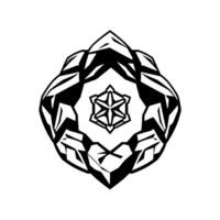 Black and white geometric abstract featuring a starshaped figure at its center, enclosed within a faceted, diamondlike frame. vector