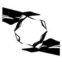 Abstract black and white featuring a geometric, crystallinelike form held by silhouetted hands against a white background. vector