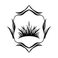 Stylized Black and White Illustration of Grass and Reeds Enclosed Within an Ornamental Geometric Frame. vector
