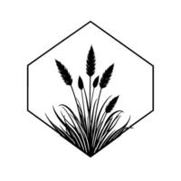 Minimalist Black and White Geometric Composition Featuring Silhouette of Ornamental Grass Inside a Hexagonal Frame. vector