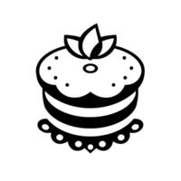 Black and white stylized illustration of a layered cake with a floral top, dot decorations, and scalloped base, minimalist on white backdrop. vector