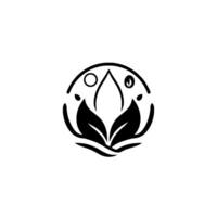 Minimalist black and white of stylized leaves and a water drop in a circular frame, representing nature, balance, and purity. vector
