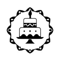 Black and White Birthday Cake Inside a Decorative Ornate Frame, Featuring a Lit Candle, Dots, and Wavy Details. vector