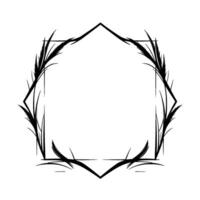 Ornate Hexagonal Frame Embellished with InkBrushed Foliage, Black on White, Botanical Border. vector