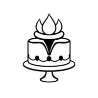 Minimalist black and white illustration of a tiered cake adorned with a florallike top and a pedestal base, framed by a subtle gray circle. vector